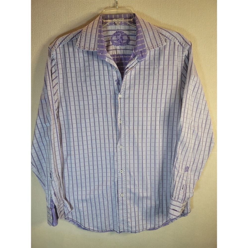 bugatchi men shirt XL long sleeve dress shirt Purple Cherkered Shaped fit